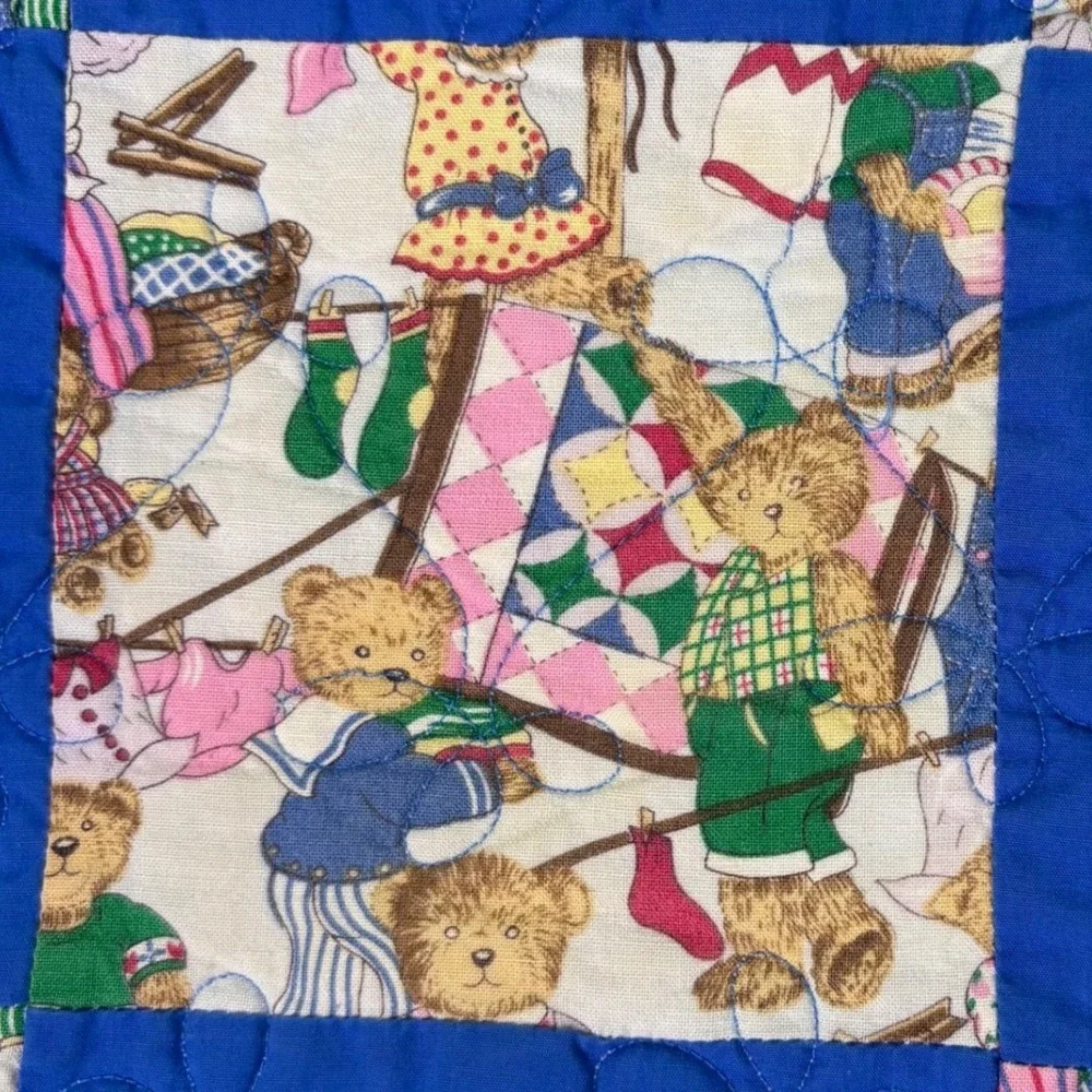 Handmade Teddy Bear Quilt Blue White Checkered Pattern Toddler Baby Blanket‎
